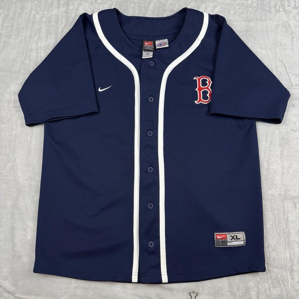 VTG Nike Boston Red Sox Navy Button Baseball Jersey Youth Size XL MLB Team Y2K